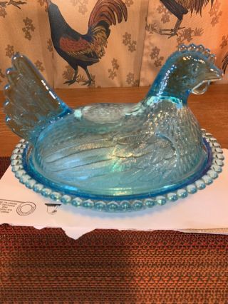 Vintage Indiana Glass Hen On Nest Aqua Blue/horizon Blue.