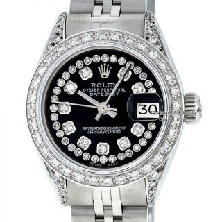 Rolex Ladies Datejust Ss & 18k White Gold Black String Diamond Dial & Bezel