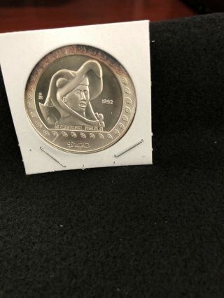 1992 Mexico 100 Pesos 1 Oz.  999 Silver Guerrero Aguila Brilliant Uncirculated