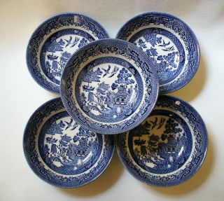 5pc Churchill Staffordshire England Blue Willow 6” Fruit Cereal Bowls China
