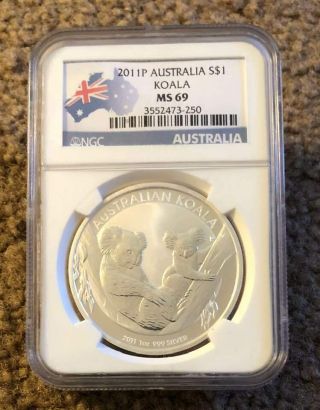 2011p Australia $1 Koala 1 Ounce.  999 Silver Coin Graded Ms69 Ngc