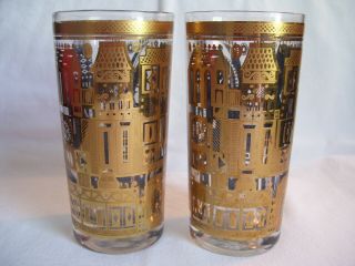 2 Georges Briard Mid Century Blue & Gold Design Signed High Ball/ice Tea Glasses