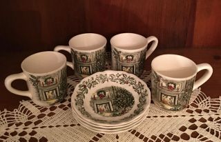 Set Of 4 Johnson Brothers Merry Christmas Cups & Saucers 21534
