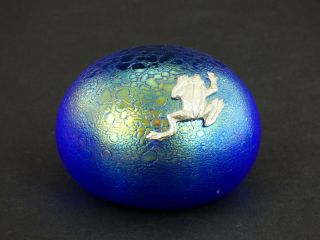 Heron Iridescent Blue Glass Paperweight With White Metal Frog England