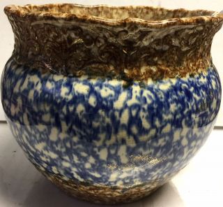Antique Blue & White & Brown Large Spongeware Pot Planter Bowl 8” X 9”