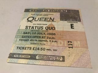Queen,  Status Quo Rare Ticket Stub 12th July 1986 Wembley Magic Tour