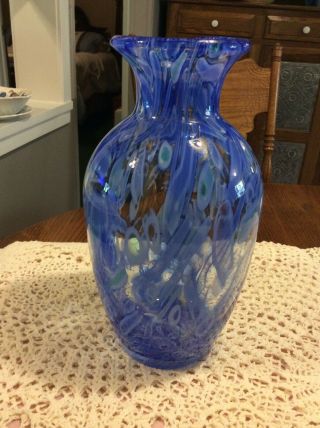 Hand Blown Glass Cobalt Blue With Light Swirl Vase Art Deco 10” Murano?