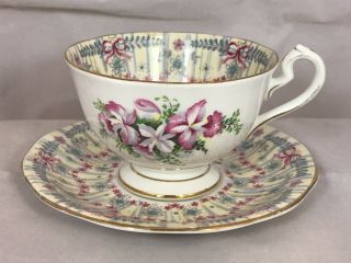 Queen Anne Teacup & Saucer Royal Bridal Gown England Orchids Bows Wide Mouth