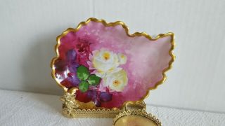 Antique Limoges France Pin Tray Trinket Dish Plate Handpainted Leaf Shape Roses