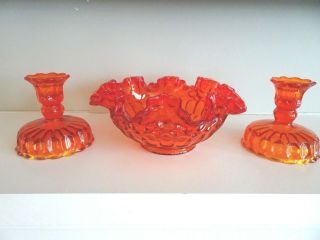 Set Of 3 Fenton Art Glass Colonial Orange Thumbprint Bowl & Candle Holders