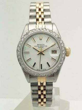 Estate Rolex Datejust 18k Gold & Ss Ladies 26mm Diamond Bezel & White Dial
