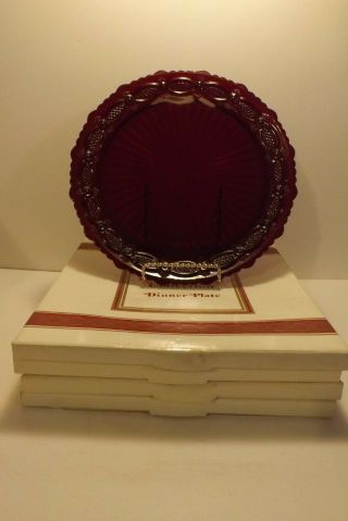 Set Of 4 Vintage Avon Cape Cod Ruby Red Glass Dinner Plates 10 3/4 " In Boxes