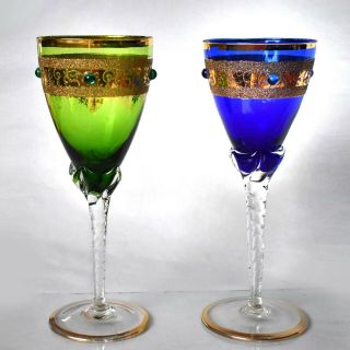 Floral Gilt Banded Murano/venetian Jeweled Wine Stems - Cobalt & Emerald Crystal