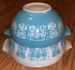 2 Vtg Turquoise Pyrex Amish Butterprint Cinderella Bowls 2.  5qt & 1.  5qt 442 & 443