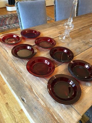 Vtg Arcoroc France 8 Royal Ruby Red Flat Rimmed Soup Bowls 8 1/2” Retired