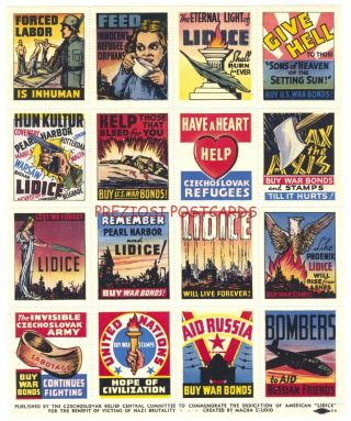 16 Great Wwii Propaganda Poster Stamps Lidice Pearl Harbor Czechoslovakia Relief