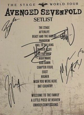 Rare Autgraphed Avenged Sevenfold Set List - Signed By Full Band