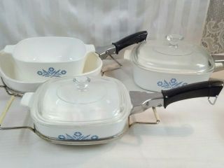 Vintage 11 pc Corning Ware Blue Cornflower Casserole Dish Set Handles & Caddies 3