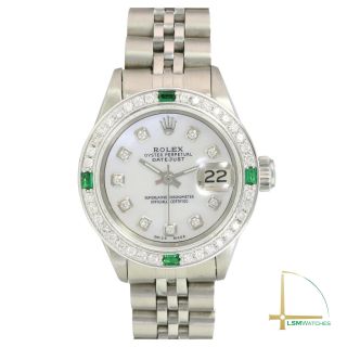 Rolex Ladies Datejust Gold & Stainless Steel White Mop Diamond Emerald Watch