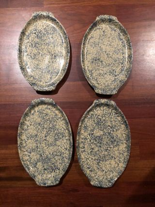 Set Of 4 R.  R.  P.  Co Pottery Roseville Ohio Usa Blue Spongeware 12” Oval Plates