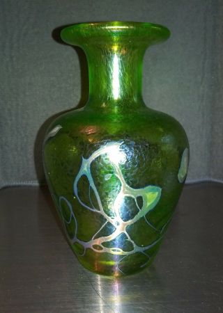 Stunning Robert Held Signed Studio Art Glass Metallic Iridescent Green Vase 