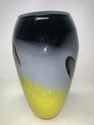 Gorgeously Crafted 11” Murano Italy Glass Vase Multicolored Yellow Black Gray.