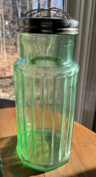 Green Depression Glass Jar Sifter With Metal Wire Flower Frog Lid