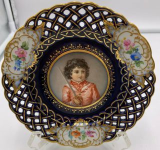 Antique Meissen Reticulated Blue Gold Portrait Of Young Soldier Boy 6 " Plate