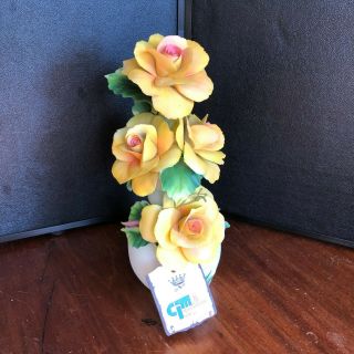 Capodimonte Porcelain Vase Yellow 4 Flowers Made In Italy