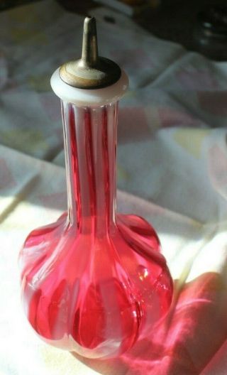 Fenton Rib Optic Barber Bottle Ex Has Cap Cranberry Opalescent Art Glass