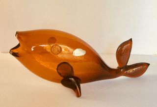 Vintage Mid Century Blenko Art Glass Figural Fish Vase Sculpture - Amber Color