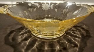 Lancaster Depression Glass Ylo Bowl W/ Handles Jubilee Etched Flowers 8 " - 9 1/4 "