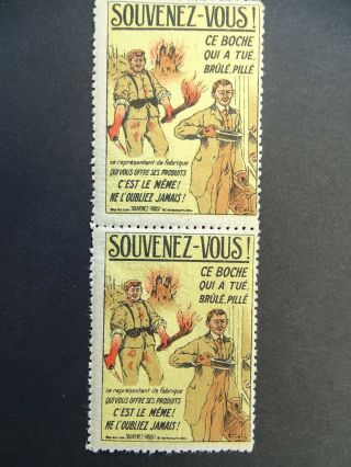 Wwi French Souvenez - Vous Anti German Cinderella Stamps / Vertical Pair