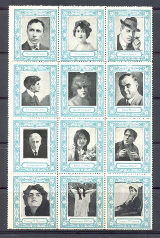 Usa Poster Stamps Sheet 12 Dif 1925 Ca,  Film Theater - Most Vf Folded On Perf.  @1