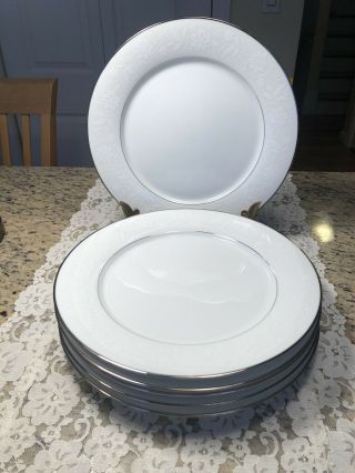 Set Of 6 Noritake Ranier Dinner Plates White Floral Platinum Trim 6909