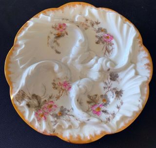 Stunning Very Rare Haviland Limoges Oyster Plate Pink Green & Gold Floral