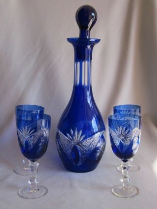 Cobalt Blue Cut To Clear Bohemian Czech Decanter & 4 Cordial / Wine Glasses Set