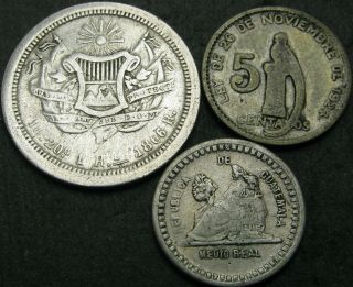 Guatemala 5 Centavos,  1/2,  1 Real 1866/1893/1947 - Silver - 3 Coins - 842 ¤