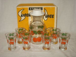 Nos Vintage Federal Glass 7 Piece Orange Juice Set Decanter 6 Glasses