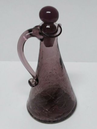Hand Blown Crackle Glass Amethyst Purple Small Pitcher / Cruet With Stopper