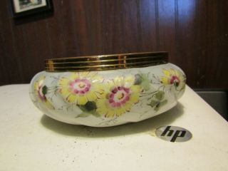 Wave Crest Dresser Jar Round W/ Brass Trim Flower Design 2 " T Very Pretty