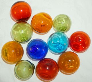 11 Small Japanese Style Hand Blown Glass Floats Colors of Blue Green Red Orange 2