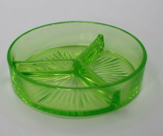Vintage Uranium Green Depression Glass Divided Relish Dish