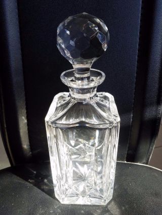 Heavy Square Clear Crystal? Glass Liquor Decanter With Stopper 10 1/4 " H