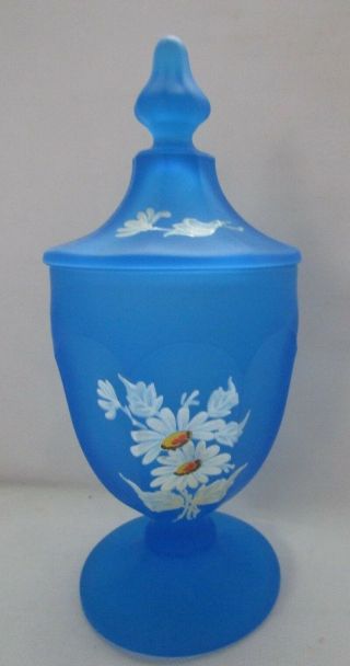 Westmoreland Glass Blue Satin Tall Covered Candy Jar Yellow And White Daisy`s