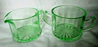 Pair Green Depression Uranium Vaseline Glass Wide Sugar Bowl & Creamer Pitcher