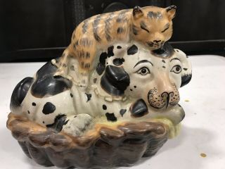 Antique English Staffordshire Ceramic Cat And Dog Hand - Painted 19th Century