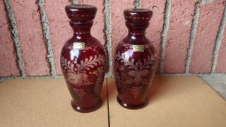Matched Pair Egermann Czech Ruby Red Cut Clear Glass Decanter Bottle Sign Label