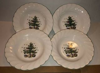 4 Nikko China Happy Holidays Christmas Tree Rim Soup Salad Bowls 9 1/4 "