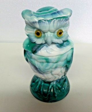 Vtg.  Imperial Glass Green Swirl Slag Figural Owl Covered Candy Dish Glass Eyes